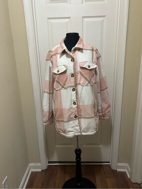 No Boundaries Pink Plaid Sherpa Lined Shirt Jacket Shacket Women's XL 13550